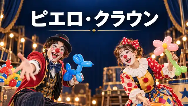バルーンを持って笑うピエロとクラウン