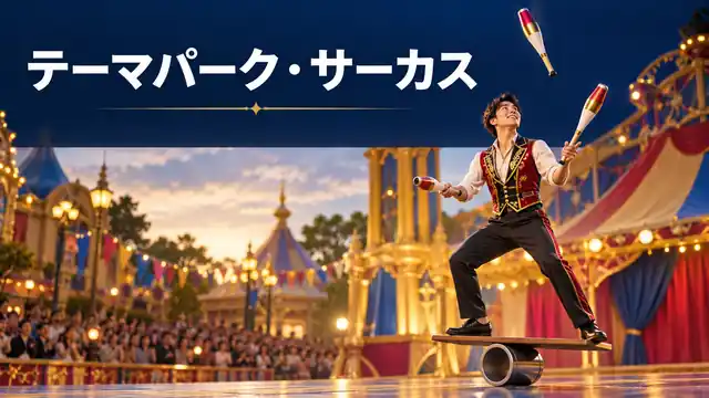 テーマパークの舞台でバランスボードに乗りジャグリングするパフォーマー